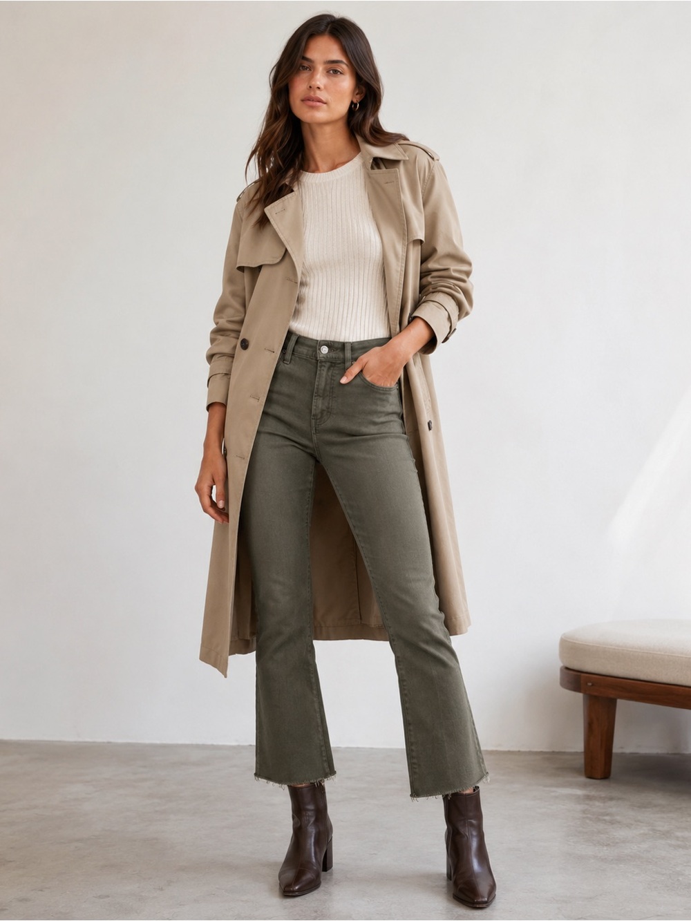 Veronica Beard Carly Kick Flare Jeans 26 Stone Army Olive High Rise Raw Hem